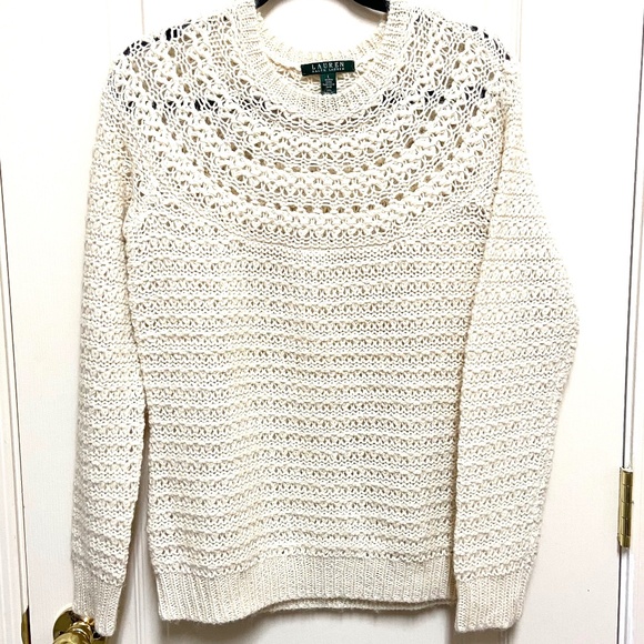 Lauren Ralph Lauren Alpaca Blend Open Knit Sweater L Cream Textured Pullover - Picture 1 of 9